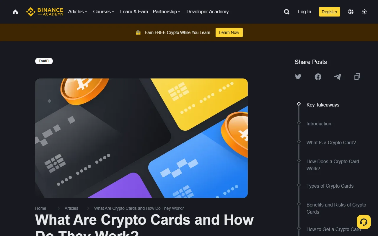 Binance Academy 加密卡說明頁,顯示加密支付卡示意圖與文章目錄