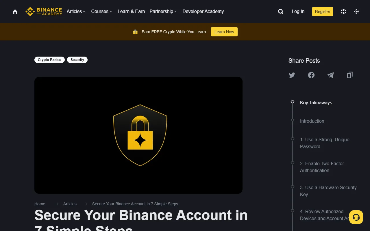 Binance Academy 帳戶安全說明頁,顯示密碼、2FA、安全金鑰、裝置檢查等目錄