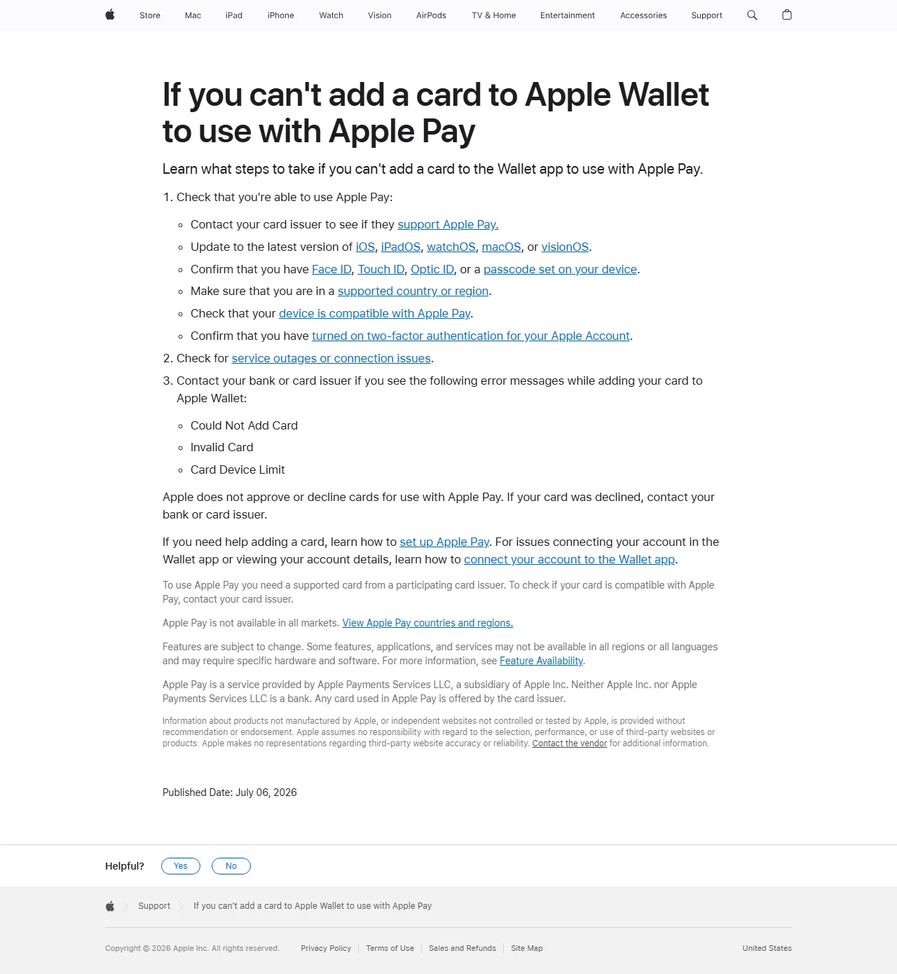 Apple 官方 2026 年無法加入卡片排查頁,列出地區、裝置、2FA、服務狀態和發卡方檢查