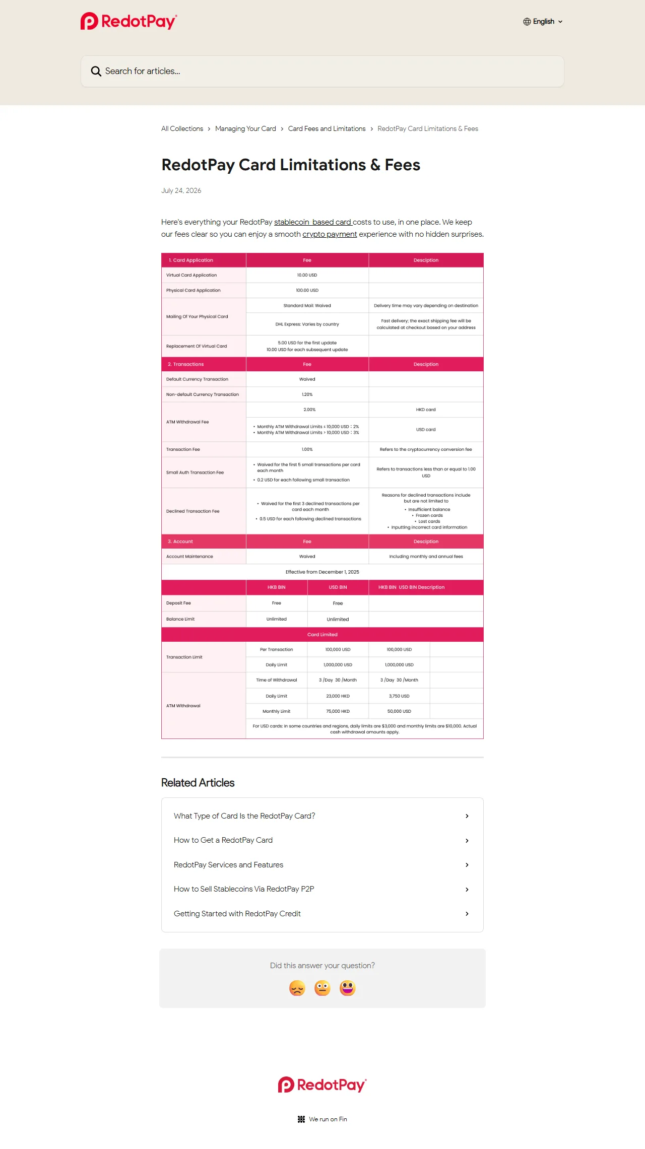 RedotPay 2026 年 7 月 24 日官方完整費率頁,清楚列出開卡、交易、ATM、小額授權、拒絕交易與限額