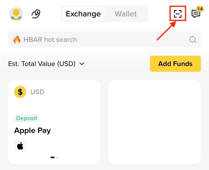 幣安官方 App 首頁的掃碼入口示例,右上角掃碼圖示以紅框標示;介面位置可能隨版本改變