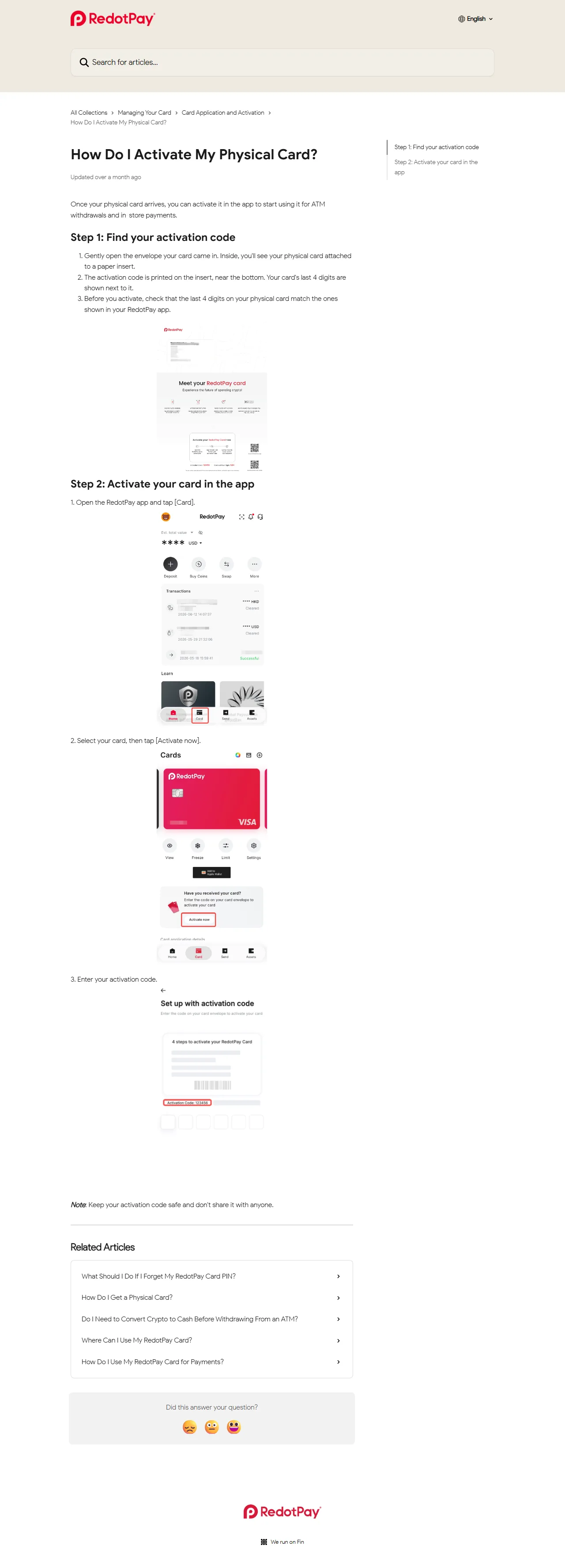 RedotPay 官方實體卡啟用頁，顯示核對末四位、App 內 Activate now 與輸入啟用碼