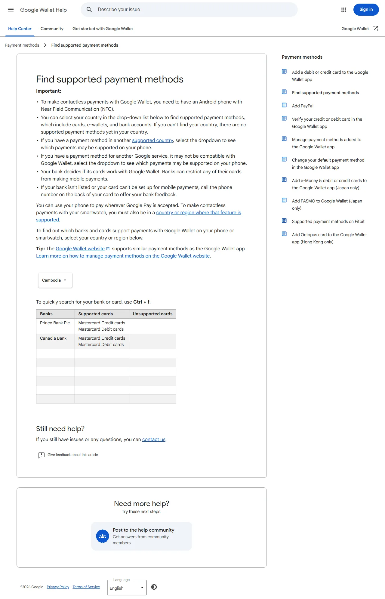 Google Wallet 官方柬埔寨 payment methods 頁,顯示 Prince Bank 與 Canadia Bank 支援的 Mastercard 卡種