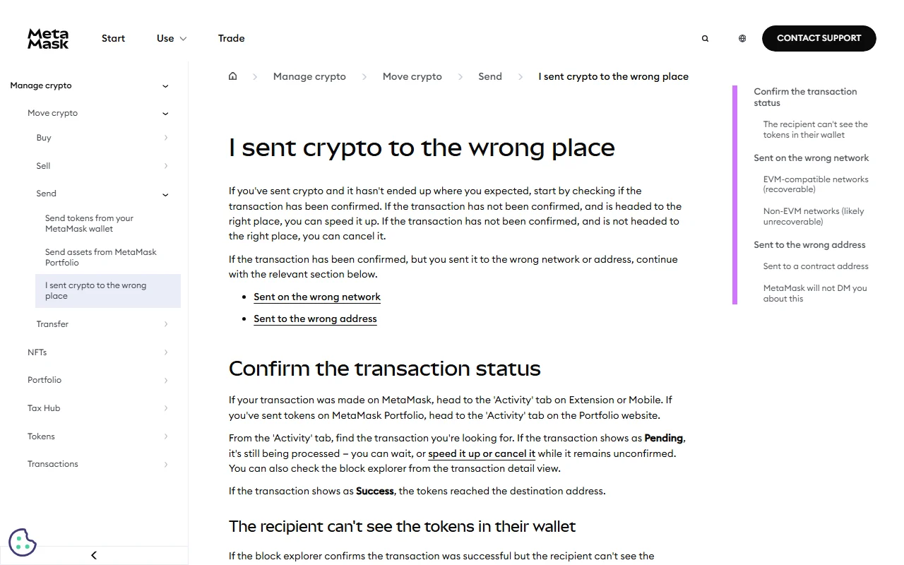 ទំព័រជំនួយផ្លូវការរបស់ MetaMask ចំណងជើង I sent crypto to the wrong place ដែលបែងចែកជាផ្នែក Sent on the wrong network និង Sent to the wrong address