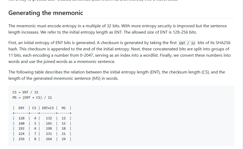GitHub 上 BIP-39 規格「Generating the mnemonic」段落,表格列出熵長度 128 到 256 位元分別對應 12、15、18、21、24 個單字