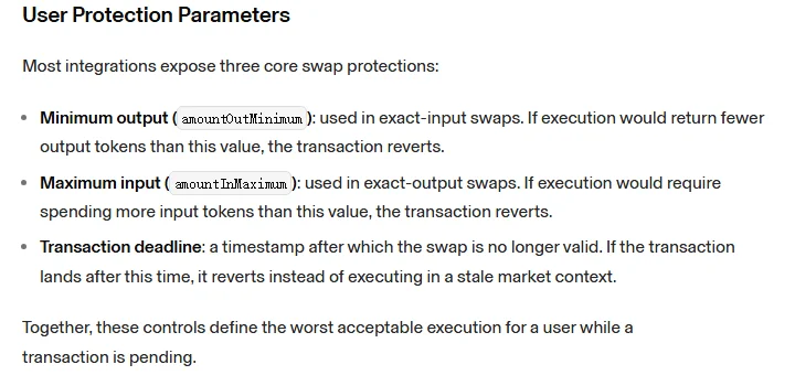 Uniswap 開發者文件「User Protection Parameters」段落截圖,說明最少輸出量 amountOutMinimum、最多輸入量 amountInMaximum 與交易截止時間三個換幣保護參數,任一條件不符交易就會回滾
