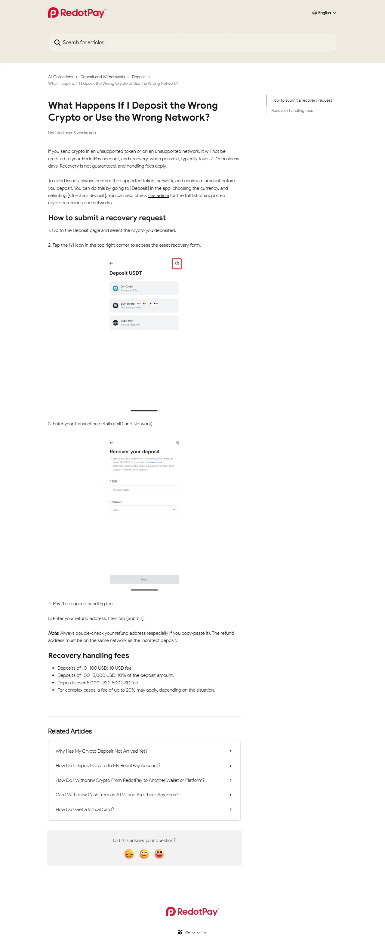 RedotPay 官方錯網路找回頁，顯示 Recovery 表單、處理時間與分段費用