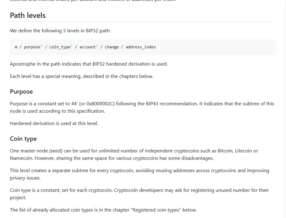 ផ្នែក Path levels នៃឯកសារ BIP-44 លើ GitHub បង្ហាញផ្លូវ ៥ កម្រិត m / purpose' / coin_type' / account' / change / address_index និងការពន្យល់ Purpose និង Coin type