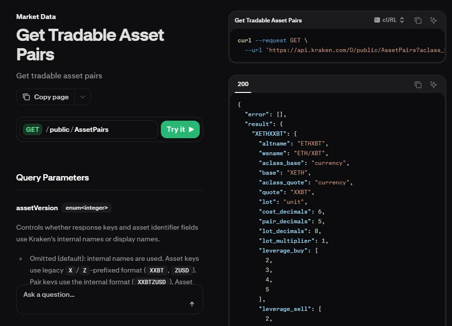 រូបថតអេក្រង់ទំព័រឯកសារ API របស់ Kraken «Get Tradable Asset Pairs» ដែលពន្យល់ពីចំណុចចូល /public/AssetPairs សម្រាប់មើលច្បាប់ជួញដូររបស់គូរូបិយប័ណ្ណនីមួយៗ