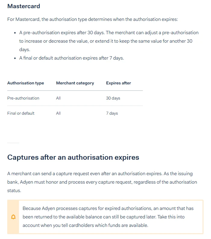 ផ្នែក Mastercard និង «Captures after an authorisation expires» ក្នុងឯកសារ Adyen Docs៖ Pre-authorisation ផុតកំណត់ក្រោយ 30 ថ្ងៃ Final ឬ Default ផុតក្រោយ 7 ថ្ងៃ ហើយហាងនៅតែអាចទាមទារប្រាក់បានក្រោយផុតកំណត់