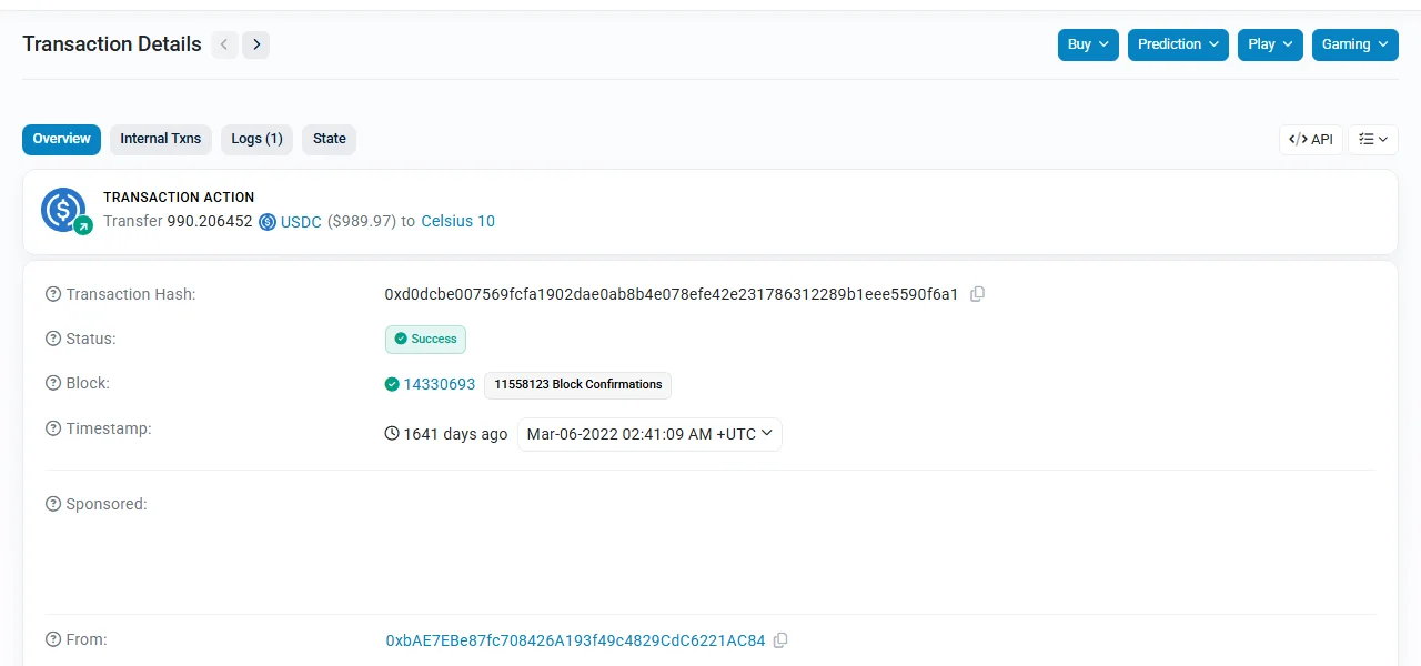 Etherscan 真實公開交易詳情截圖,畫面顯示 Transaction Hash、Success 狀態、區塊編號與確認數,供辨識鏈上交易欄位