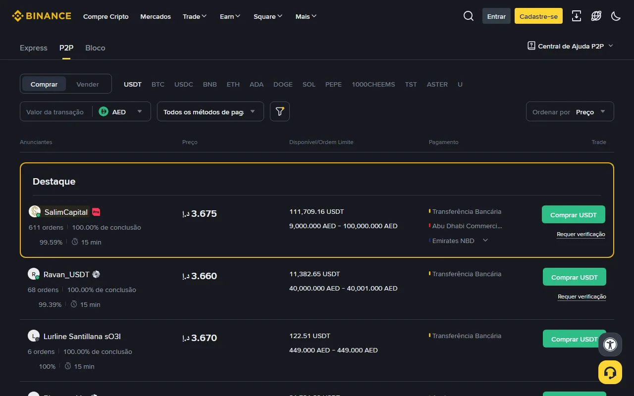 幣安 P2P 公開買入頁,顯示 USDT、法幣、付款方式、商家價格與訂單限額