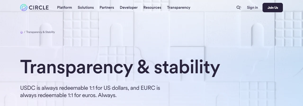 Circle 官網「Transparency & stability」頁面截圖,標語寫著 USDC 隨時可按 1:1 兌回美元、EURC 可按 1:1 兌回歐元